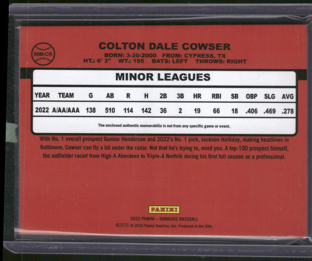 2023 Donruss #90M-CR Colton Cowser Retro 1990 Materials