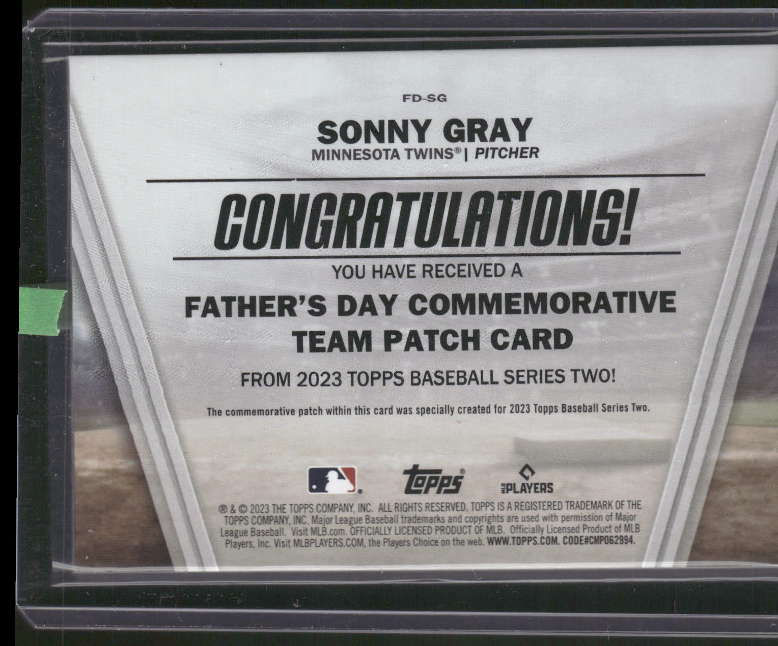 2023 Topps #FD-SG Sonny Gray Father's Day Commemorative Team Patches