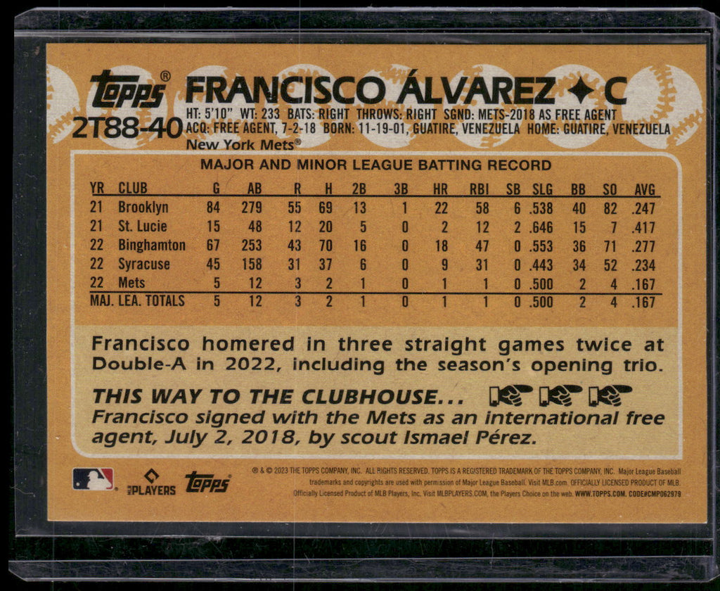 2023 Topps #2T88-40 Francisco Álvarez 1988 Topps Baseball 35th Anniversary