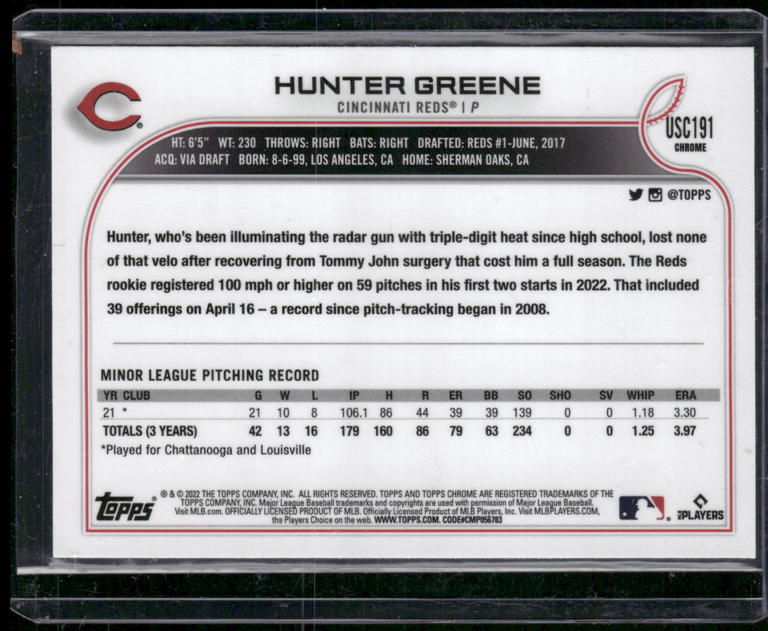 2022 Topps Chrome Update #USC191 Hunter Greene Purple Refractor