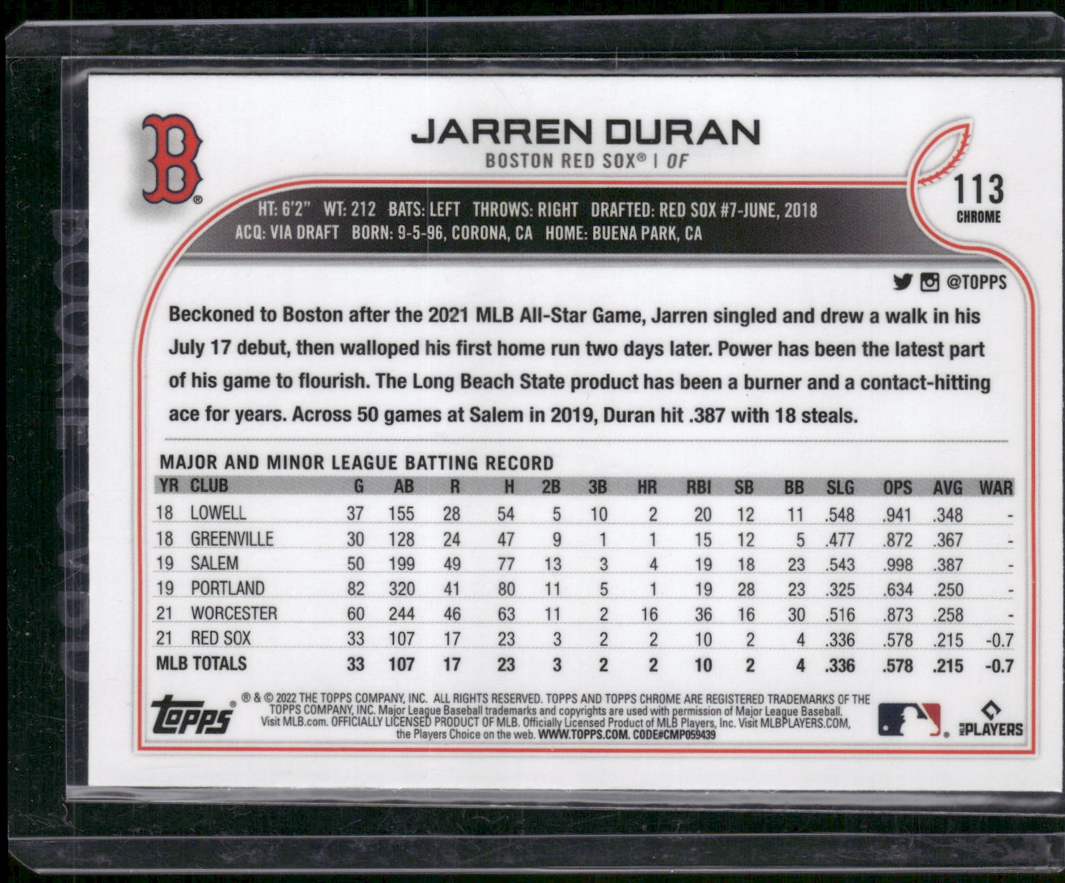 2022 Topps Chrome Sonic #113 Jarren Duran Black & White RayWave