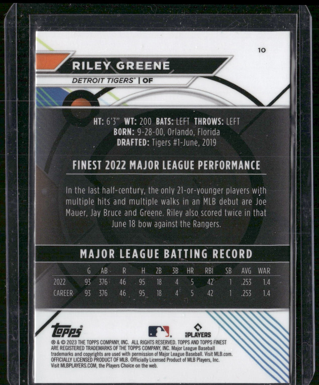 2023 Finest #10 Riley Greene