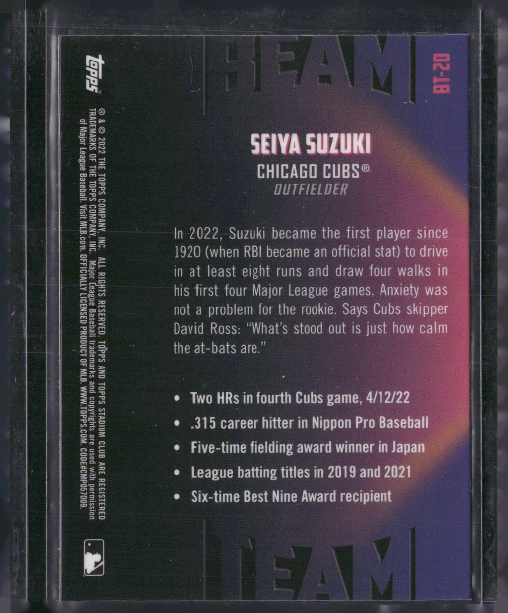 2022 Stadium Club Chrome #BT-20 Seiya Suzuki Beam Team