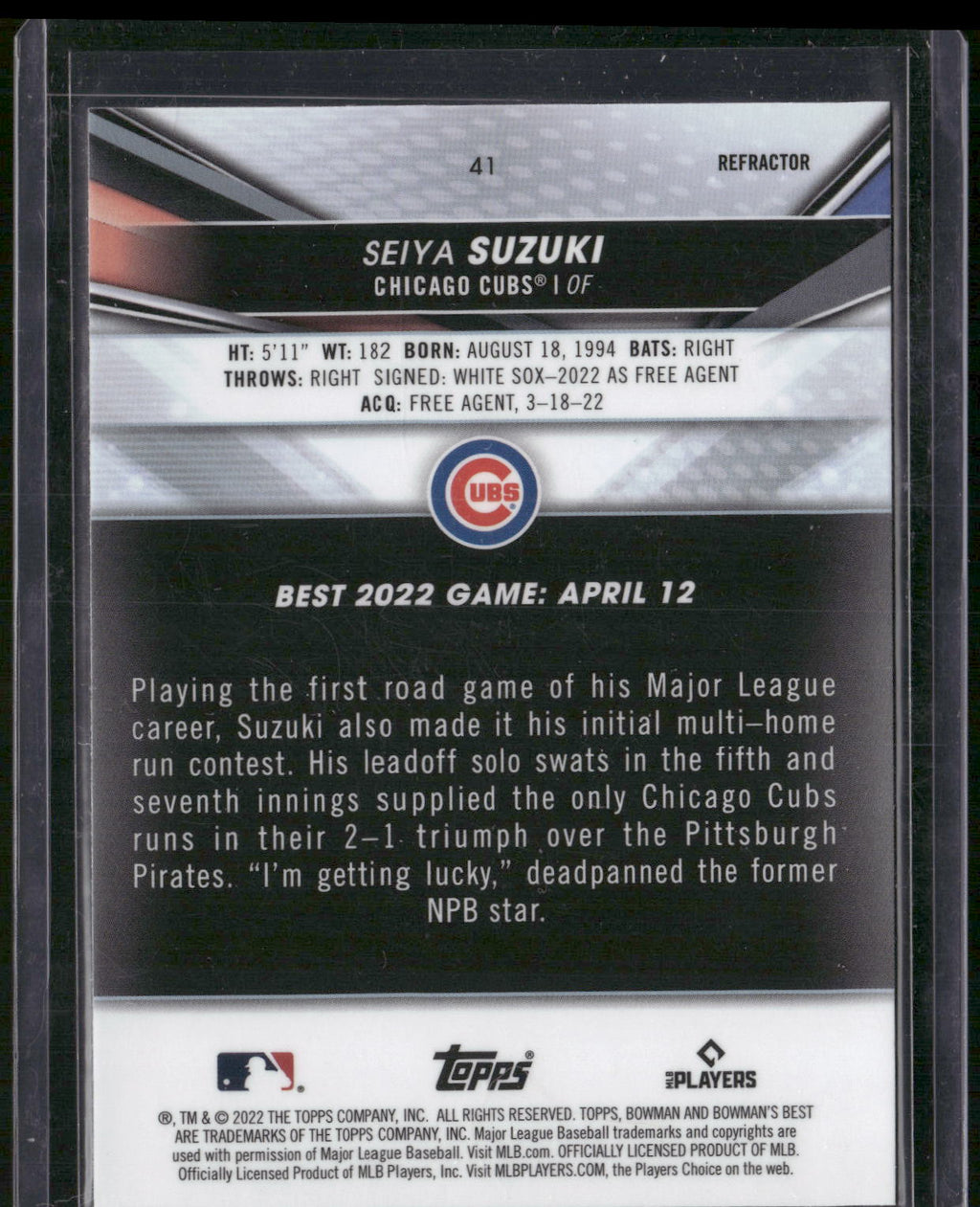 2022 Bowman's Best #41 Seiya Suzuki Refractor