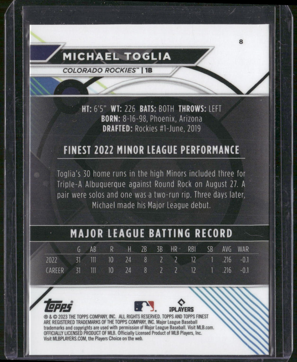 2023 Finest #8 Michael Toglia