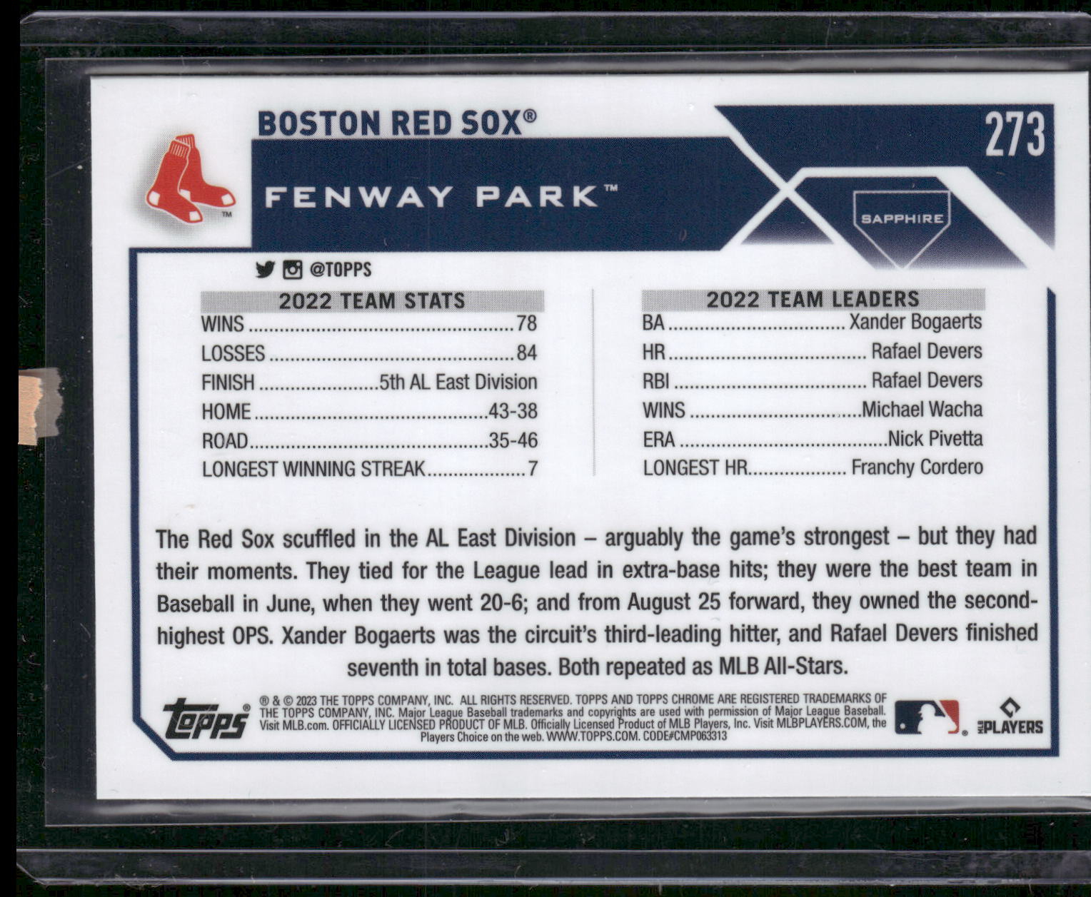 2023 Topps Chrome Sapphire Edition #273 Boston Red Sox