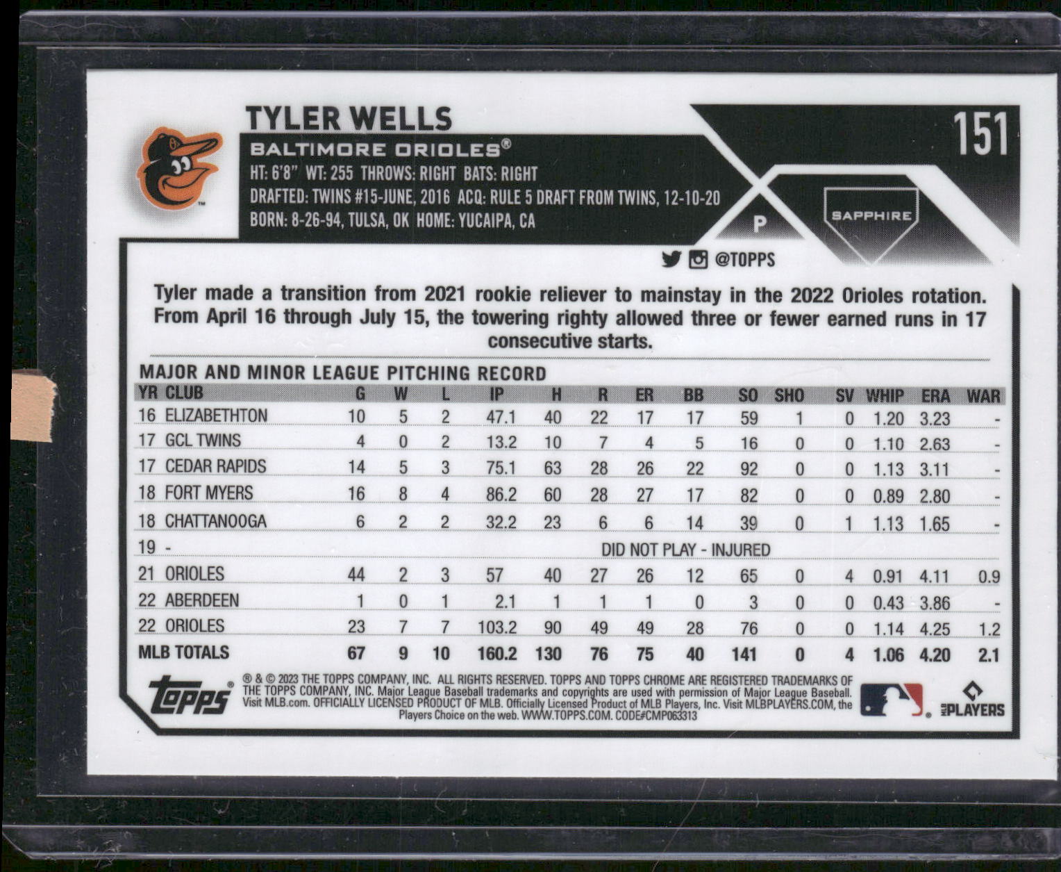 2023 Topps Chrome Sapphire Edition #151 Tyler Wells