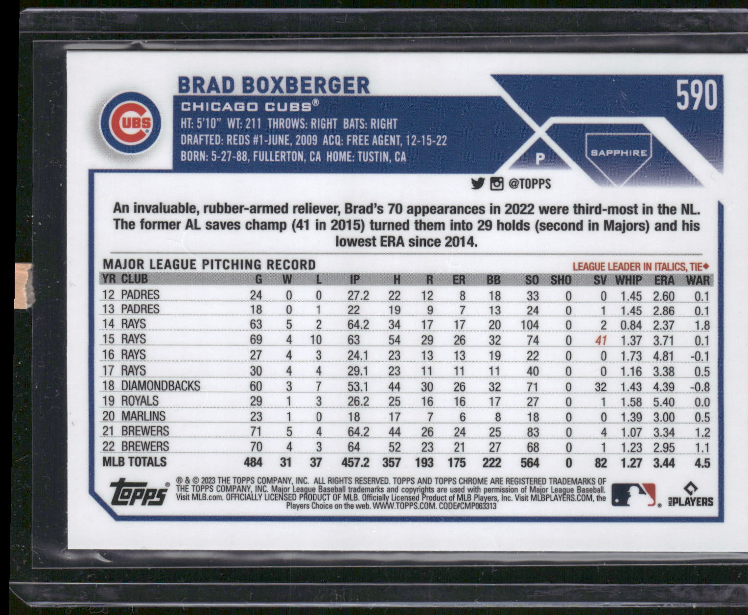 2023 Topps Chrome Sapphire Edition #590 Brad Boxberger