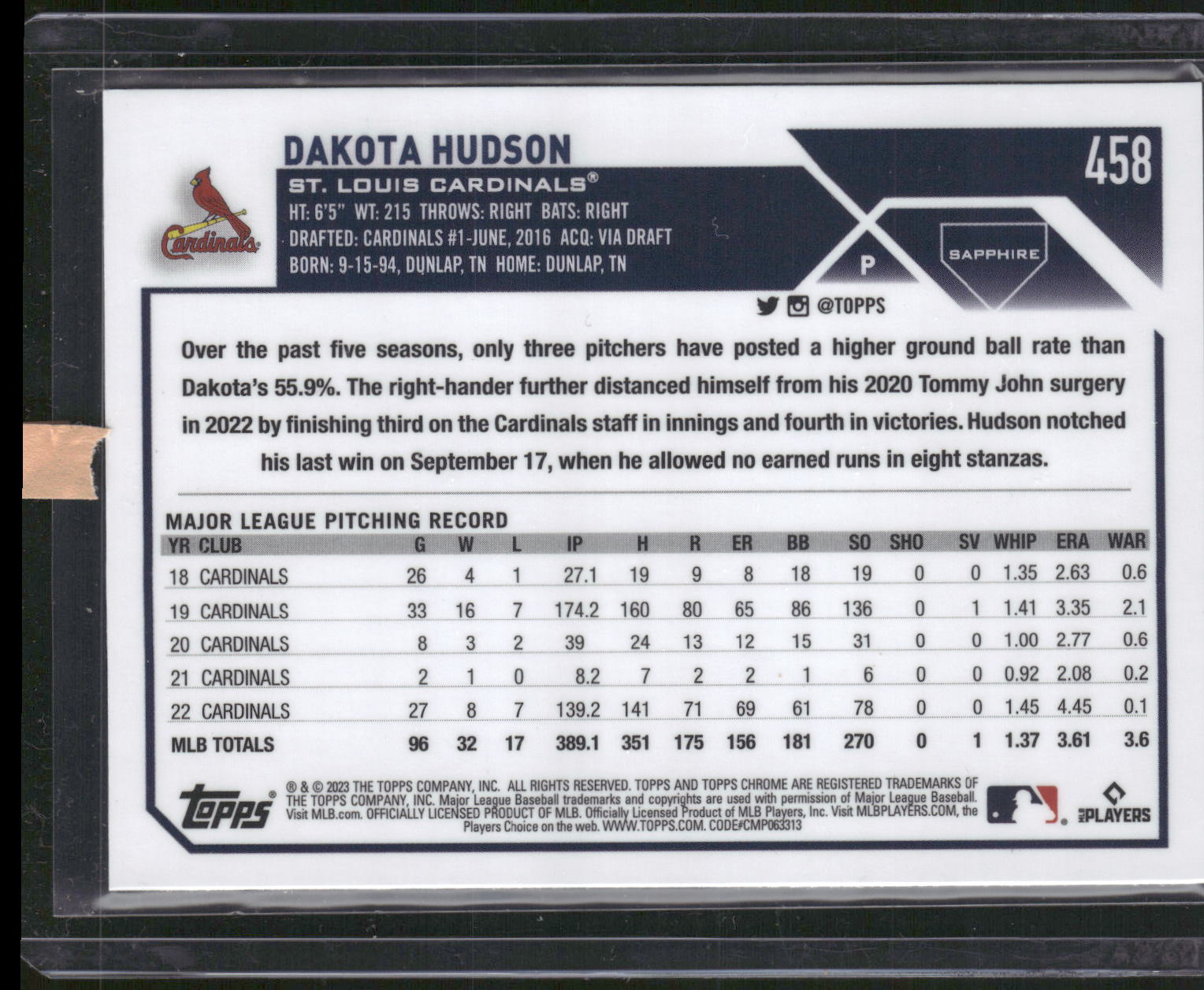 2023 Topps Chrome Sapphire Edition #458 Dakota Hudson