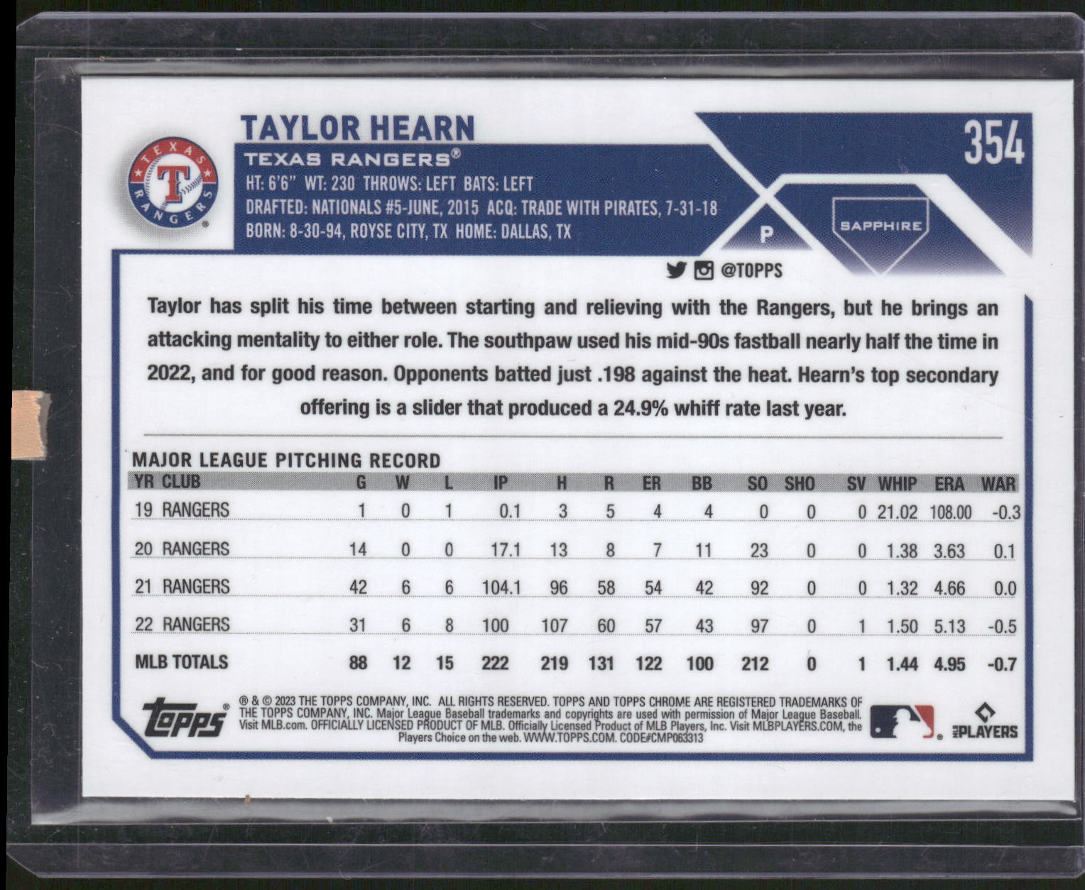 2023 Topps Chrome Sapphire Edition #354 Taylor Hearn