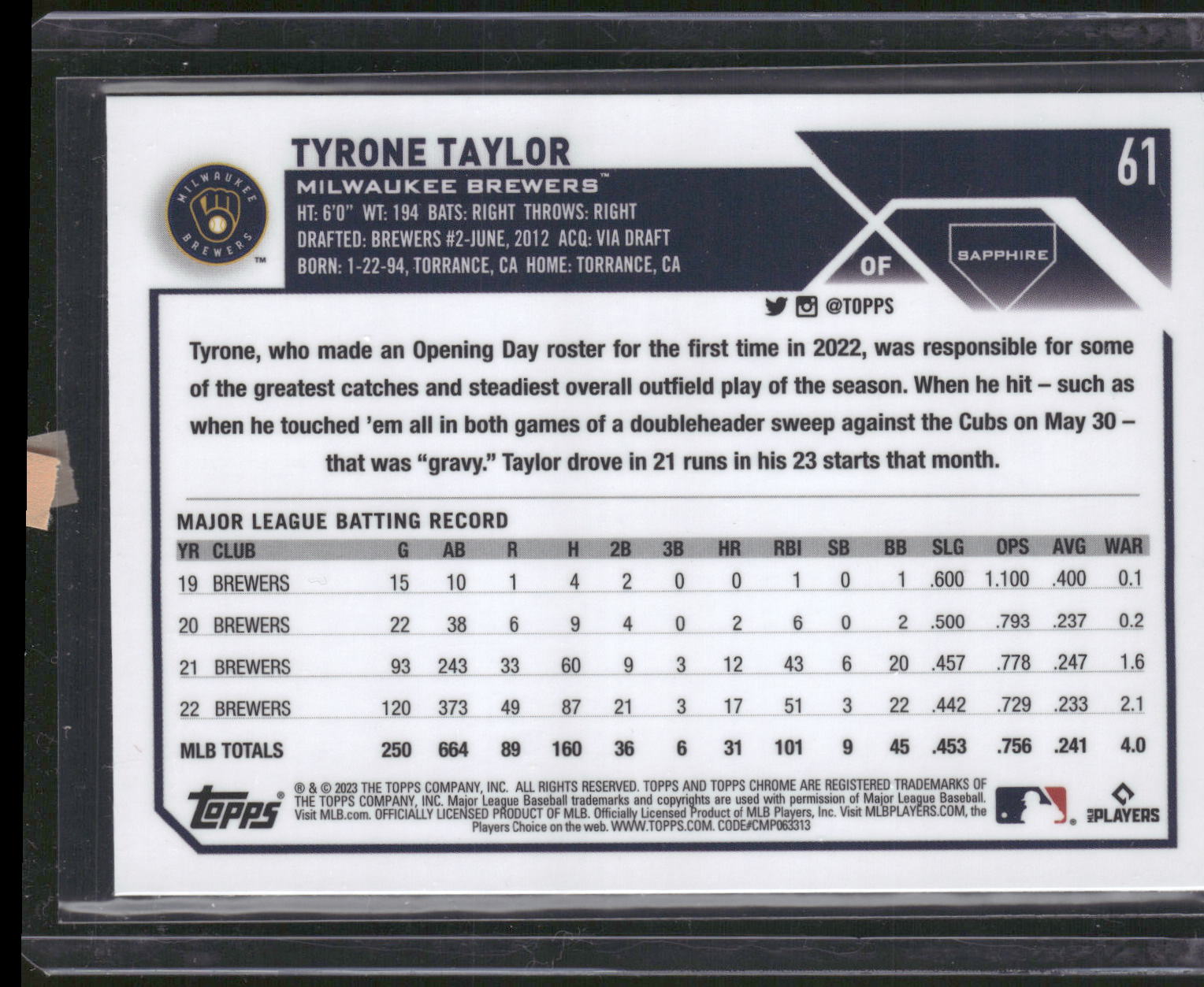 2023 Topps Chrome Sapphire Edition #61 Tyrone Taylor