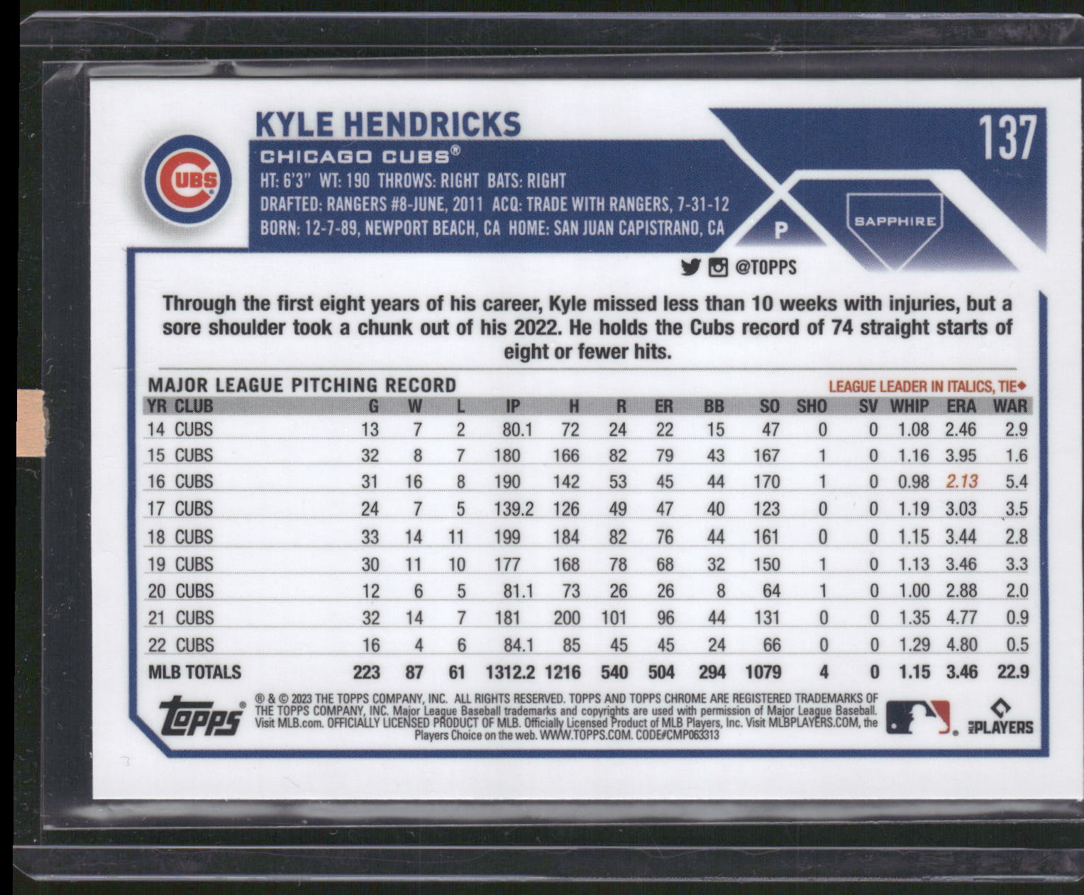 2023 Topps Chrome Sapphire Edition #137 Kyle Hendricks
