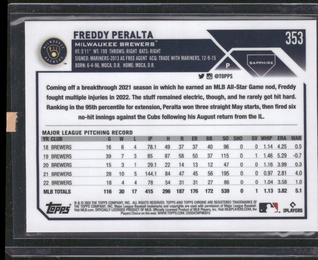 2023 Topps Chrome Sapphire Edition #353 Freddy Peralta