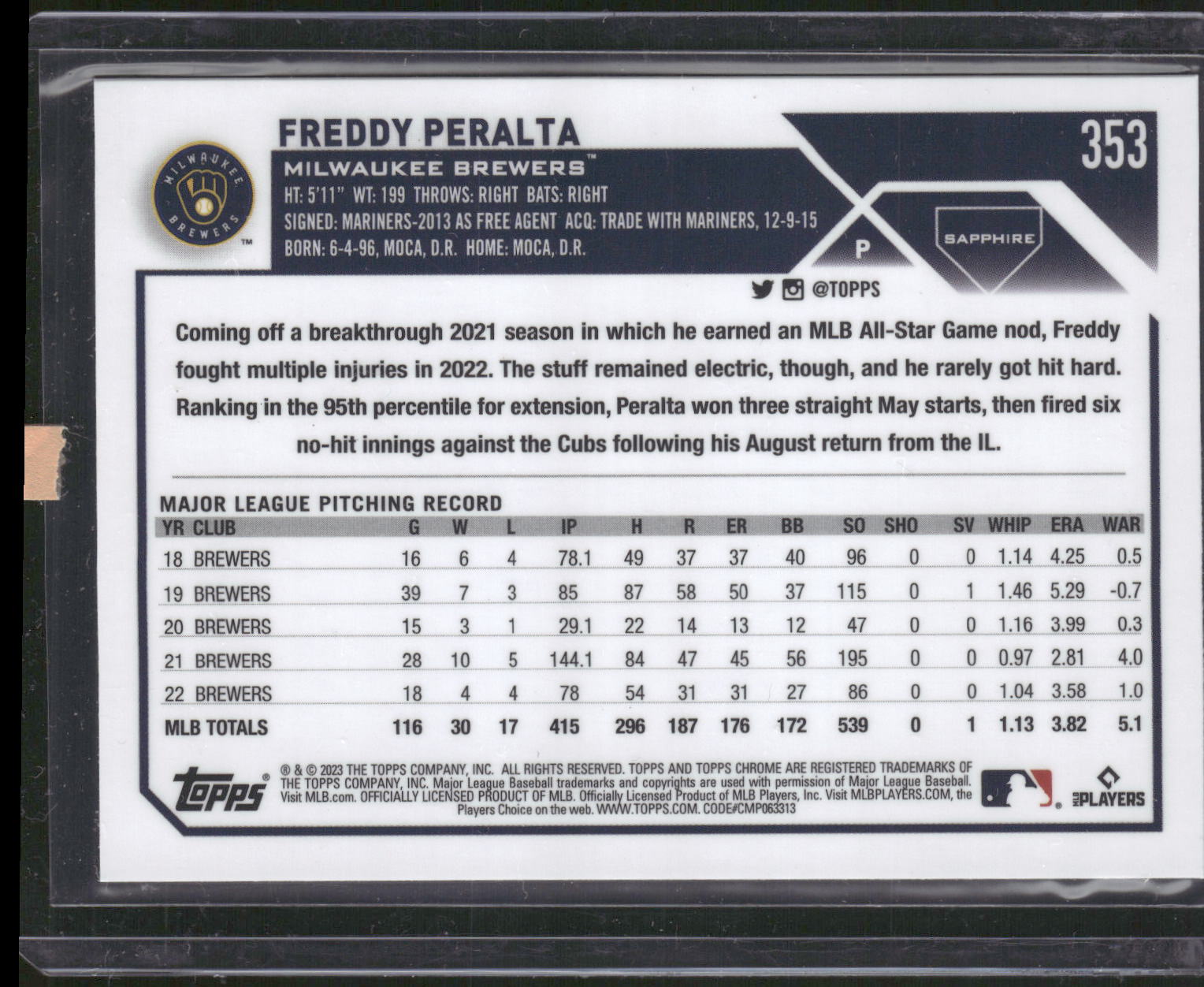 2023 Topps Chrome Sapphire Edition #353 Freddy Peralta