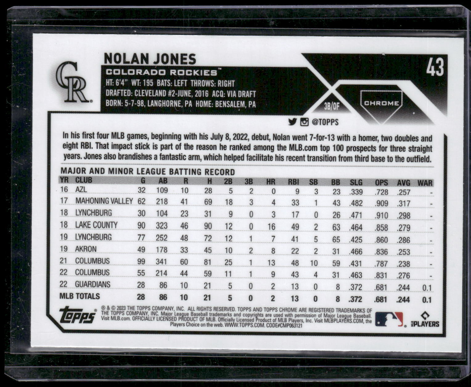 2023 Topps Chrome #43 Nolan Jones X-Fractors