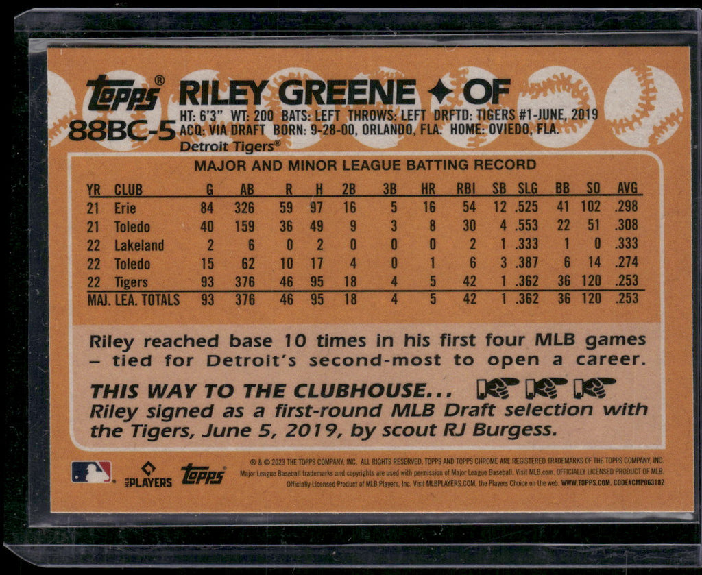 2023 Topps Chrome #88BC-5 Riley Greene 1988 Topps Baseball 35th Anniversary