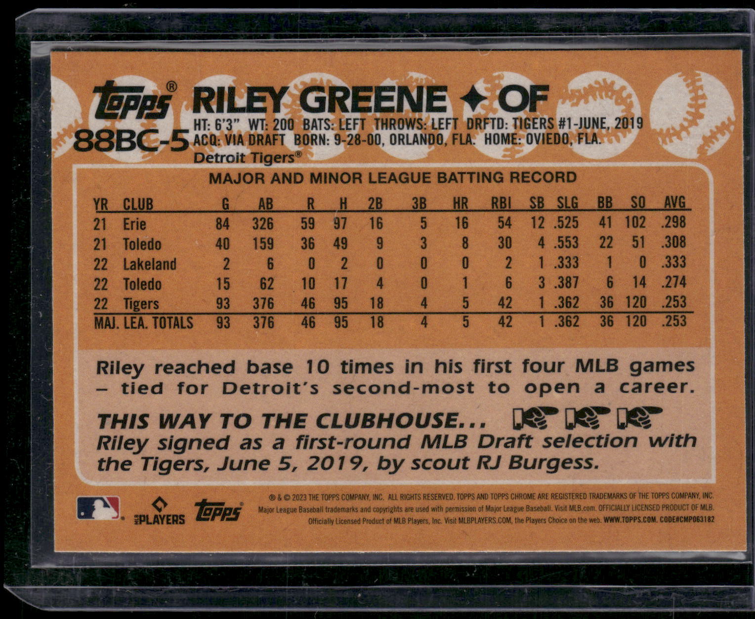 2023 Topps Chrome #88BC-5 Riley Greene 1988 Topps Baseball 35th Anniversary