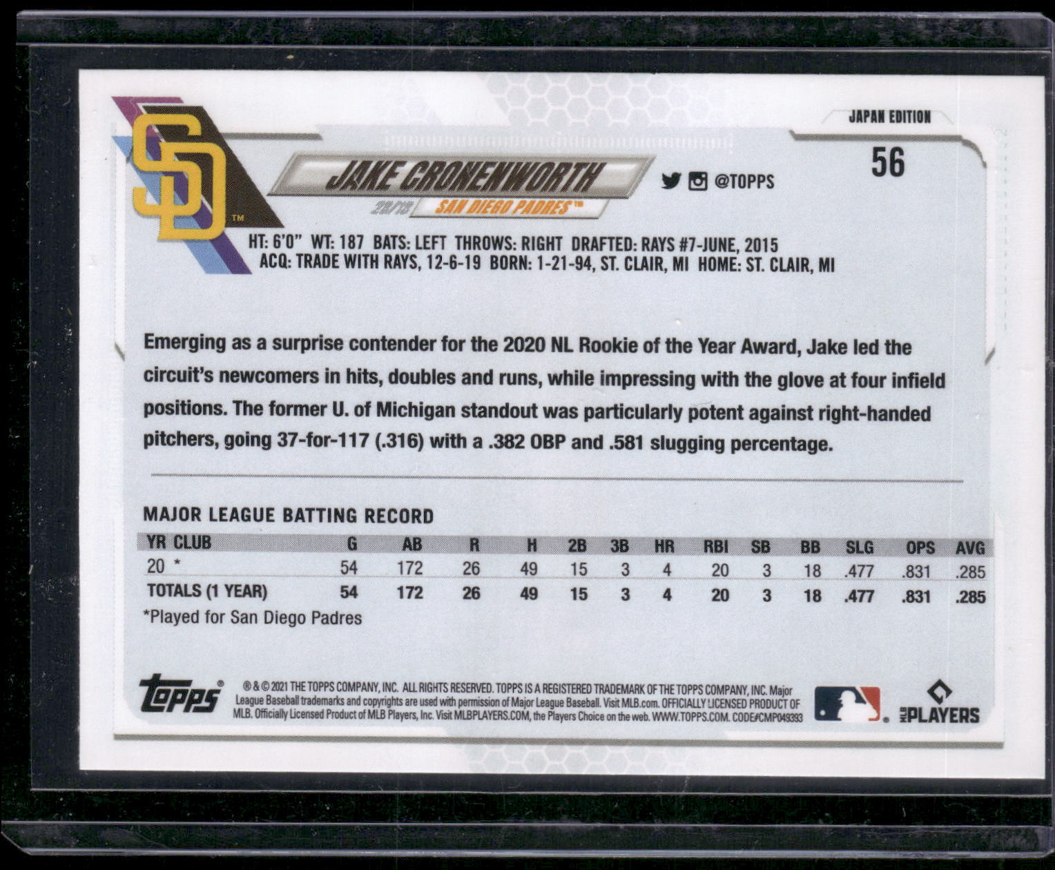 2021 Topps Japan Edition #56 Jake Cronenworth