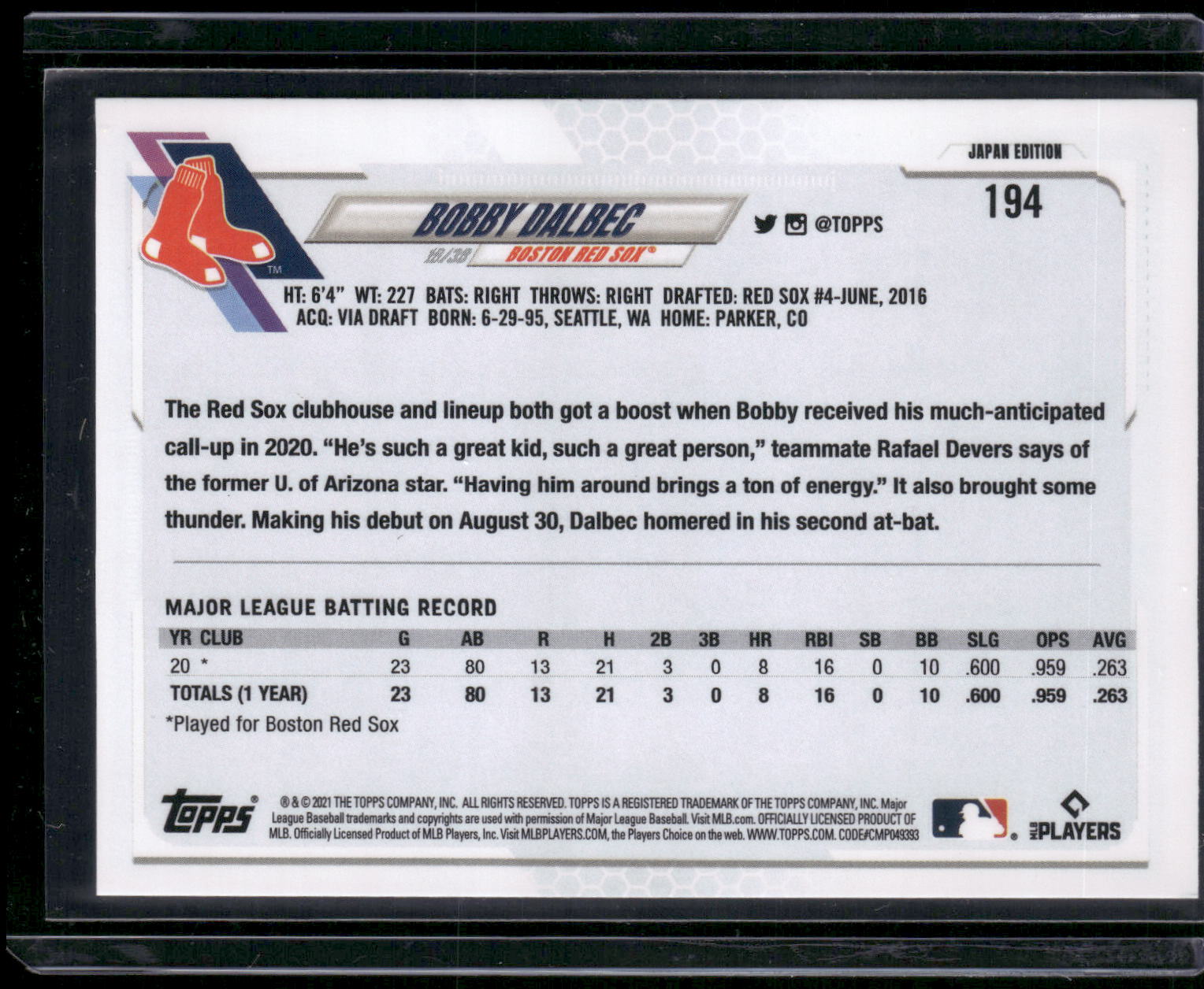 2021 Topps Japan Edition #194 Bobby Dalbec