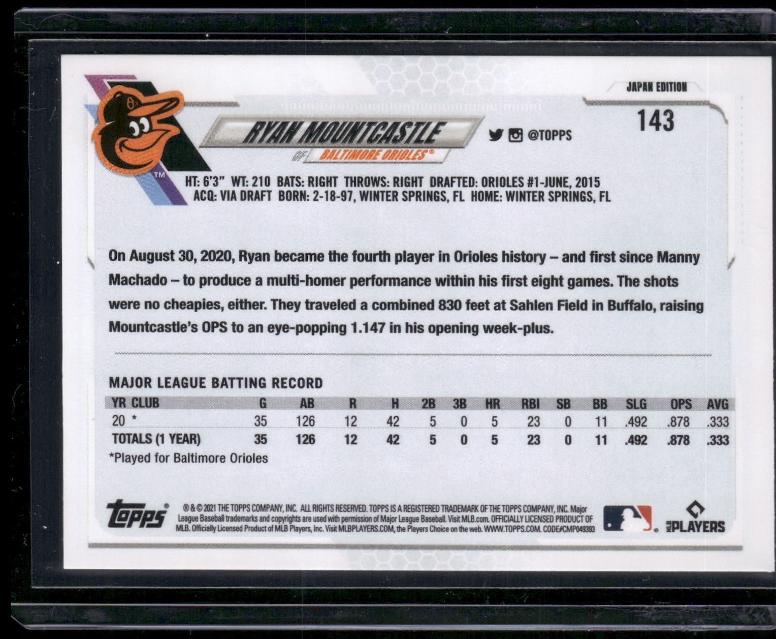 2021 Topps Japan Edition #143 Ryan Mountcastle