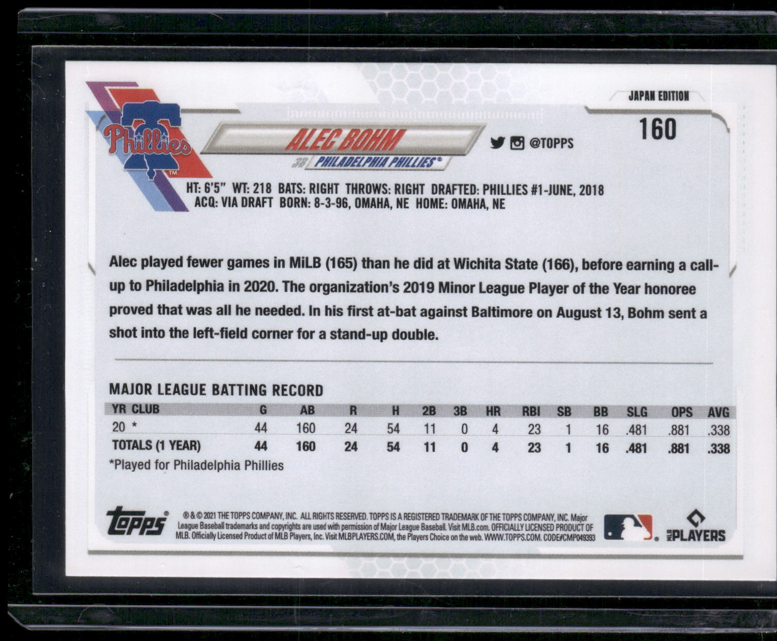 2021 Topps Japan Edition #160 Alec Bohm