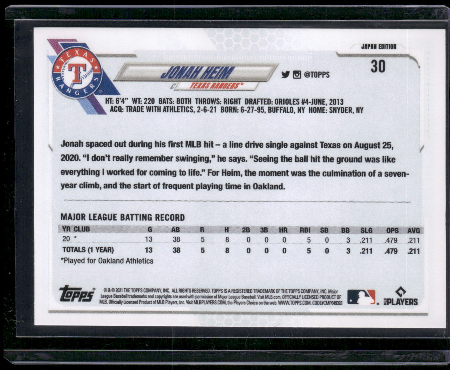 2021 Topps Japan Edition #30 Jonah Heim