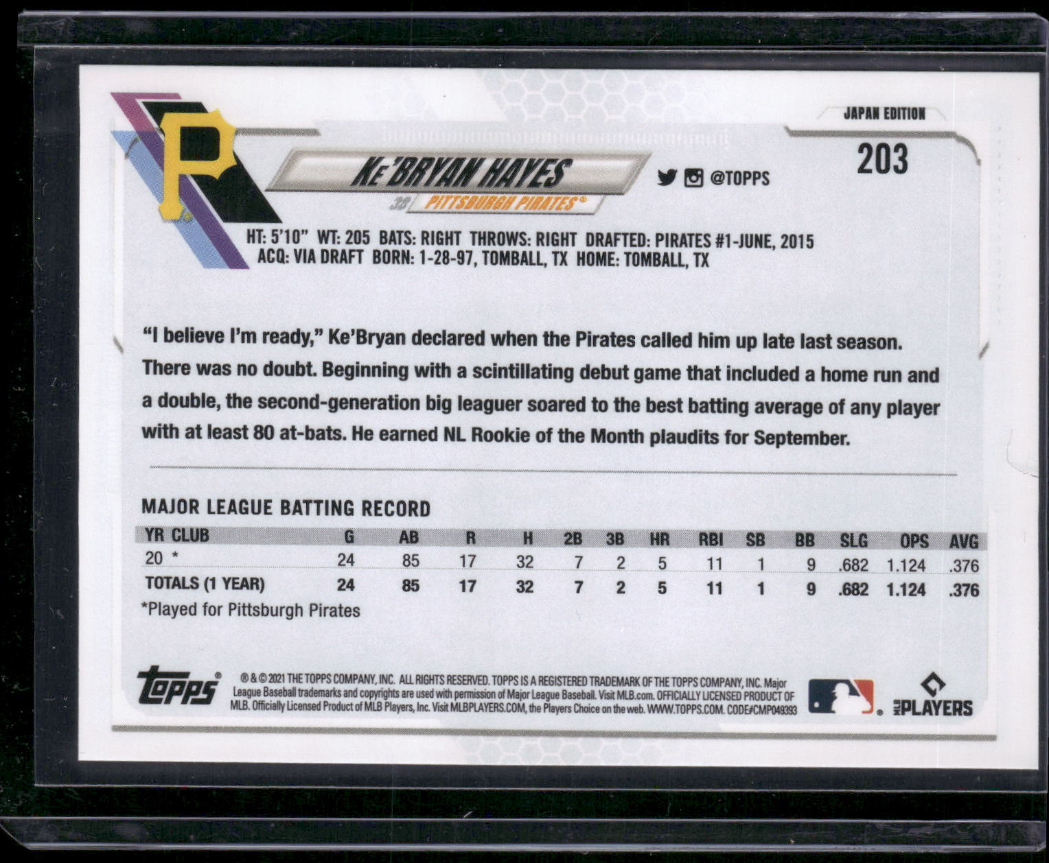 2021 Topps Japan Edition #203 Ke'Bryan Hayes