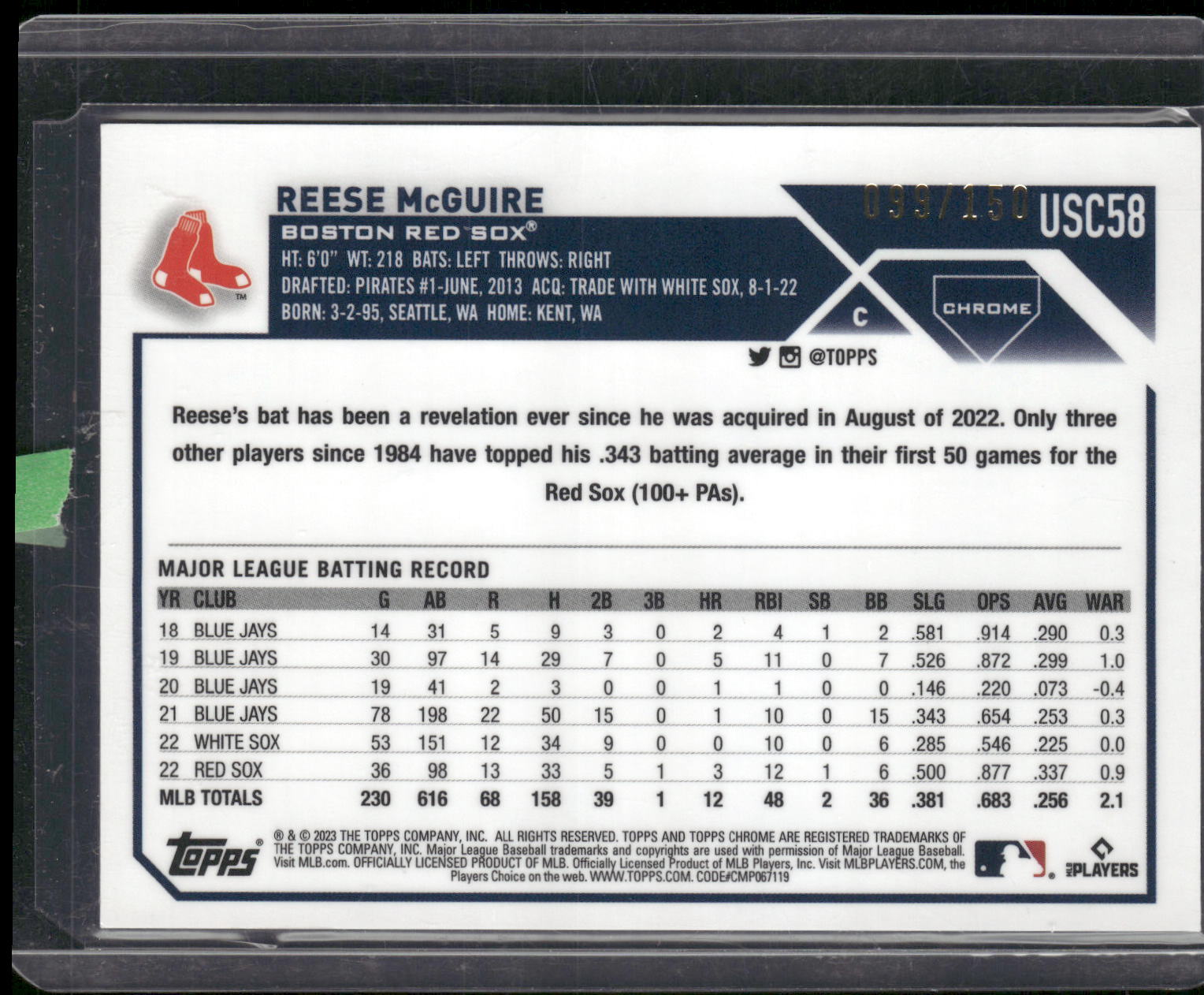 2023 Topps Chrome Update #USC58 Reese McGuire Blue #/150