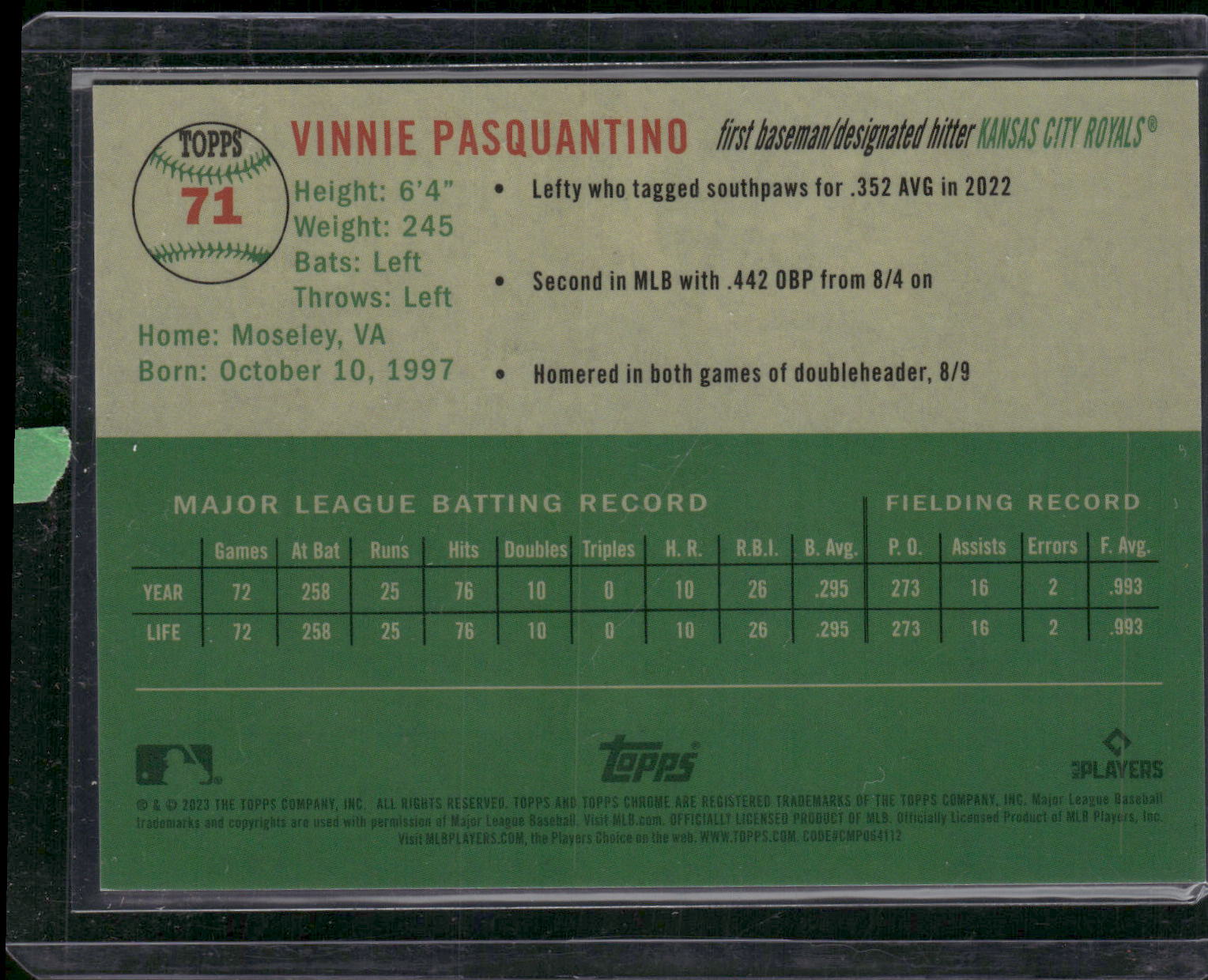2023 Topps Chrome Platinum Anni #71 Vinnie Pasquantino Plat Lava Refrac #/100