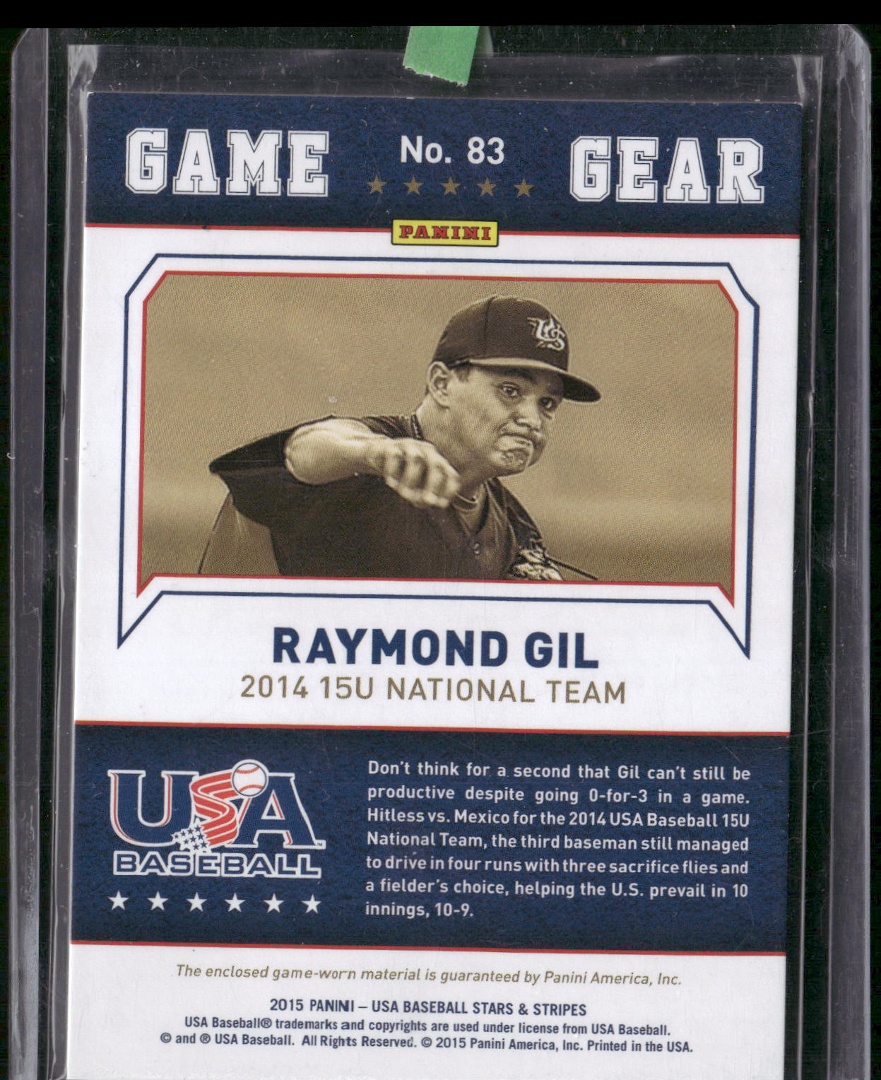 2015 Panini USA Baseball Stars & Stripes #83 Raymond Gil Game Materials #/299