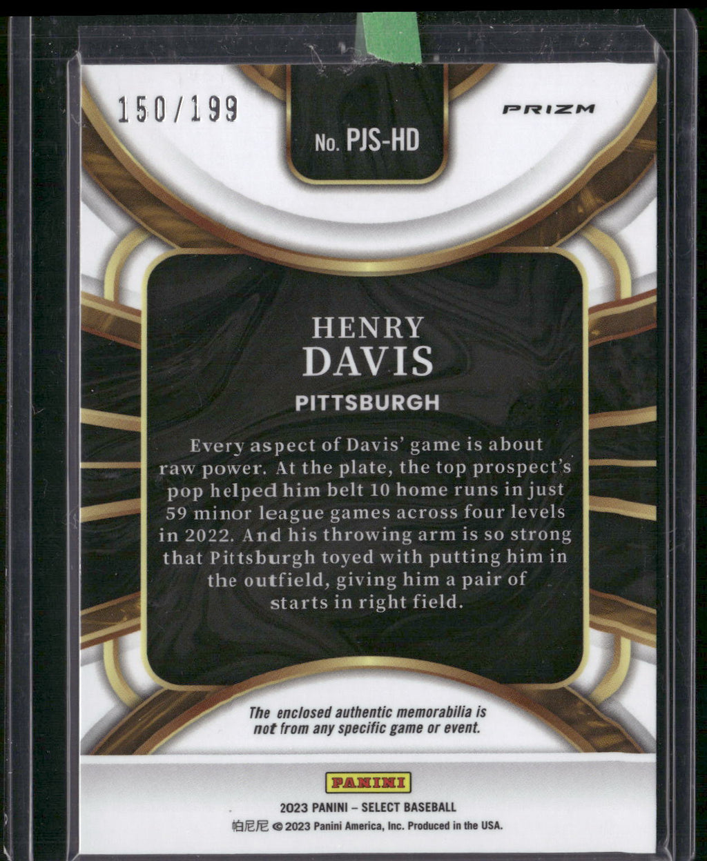 2023 Panini Select #PJS-HD Henry Davis Rookie Jumbo Swatch Silver Prizm #/199