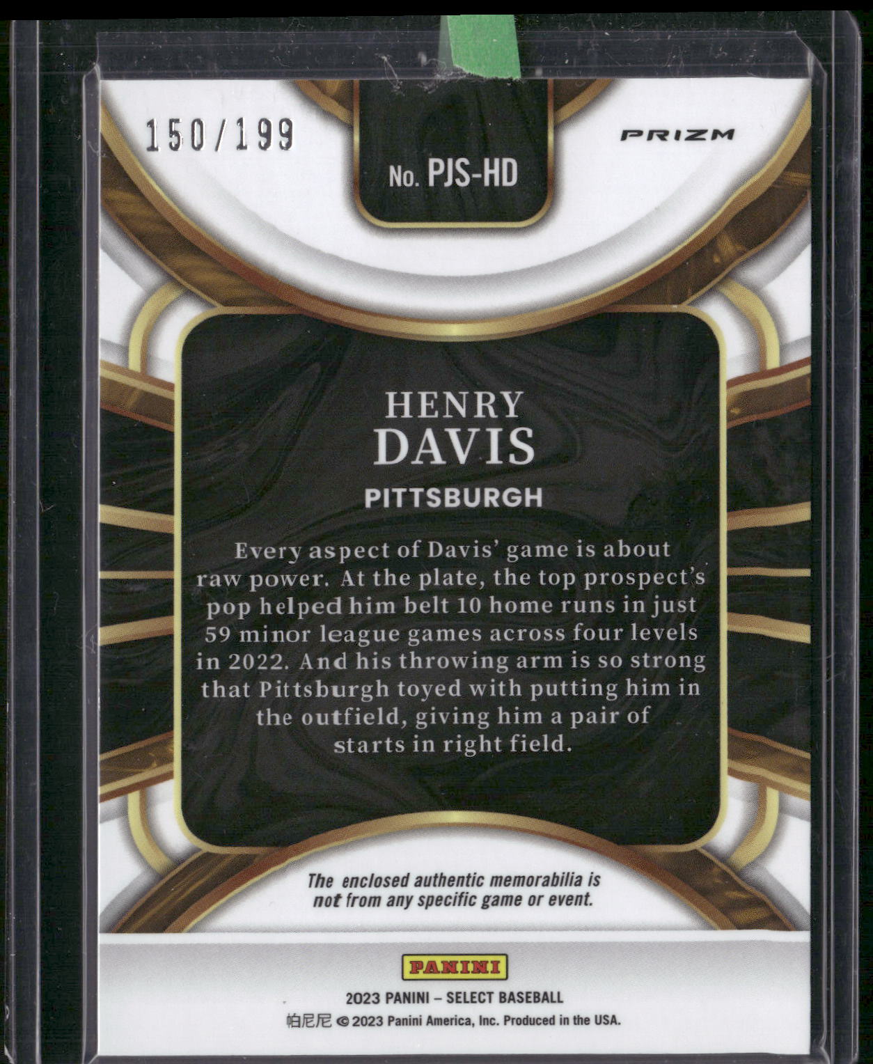 2023 Panini Select #PJS-HD Henry Davis Rookie Jumbo Swatch Silver Prizm #/199