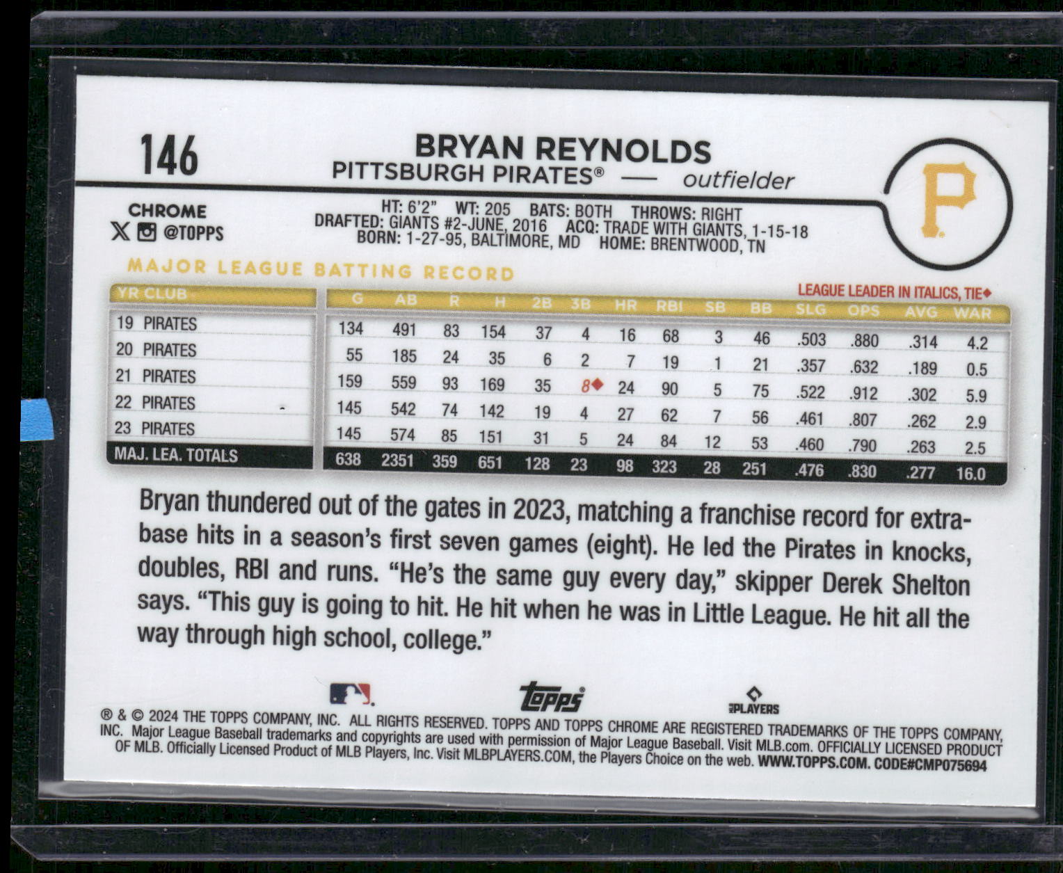 2024 Topps Chrome #146 Bryan Reynolds Pink Refractors