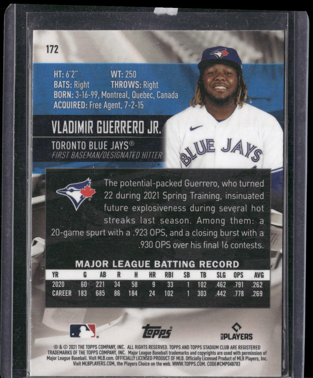 2021 Stadium Club Chrome #172 Vladimir Guerrero Jr.