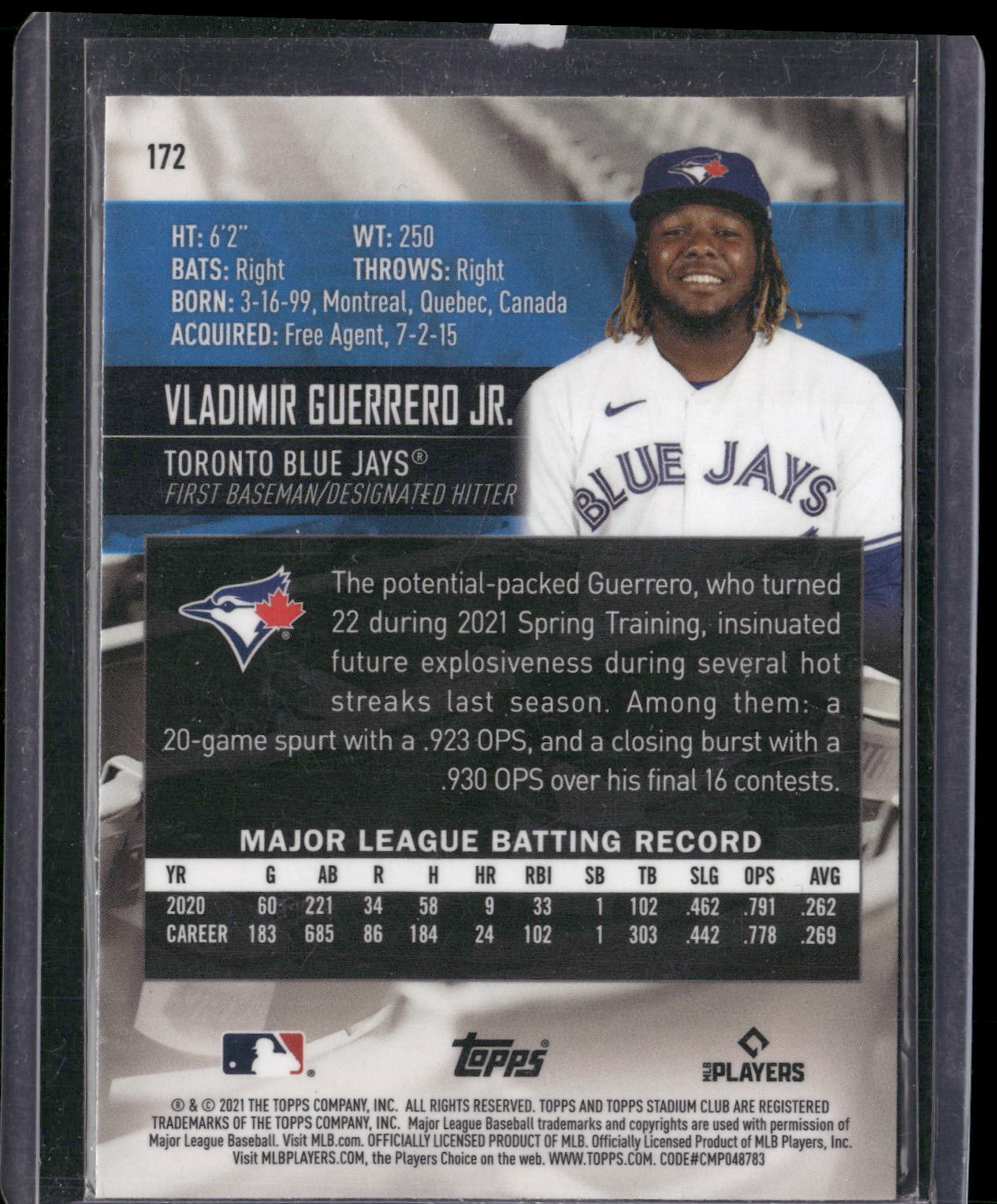 2021 Stadium Club Chrome #172 Vladimir Guerrero Jr.