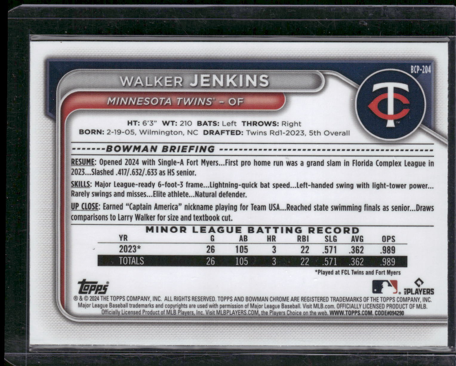 2024 Bowman Chrome #BCP-204 Walker Jenkins Prospects Mojo Refractors
