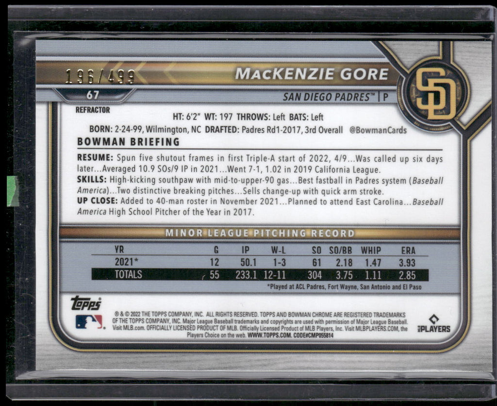 2022 Bowman Chrome #67 MacKenzie Gore Refractor #/499