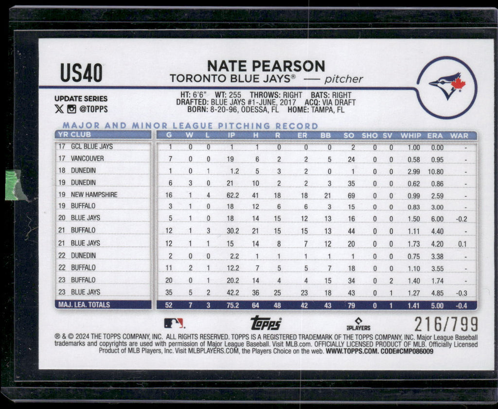 2024 Topps Update #US40 Nate Pearson Purple Holofoil #/799