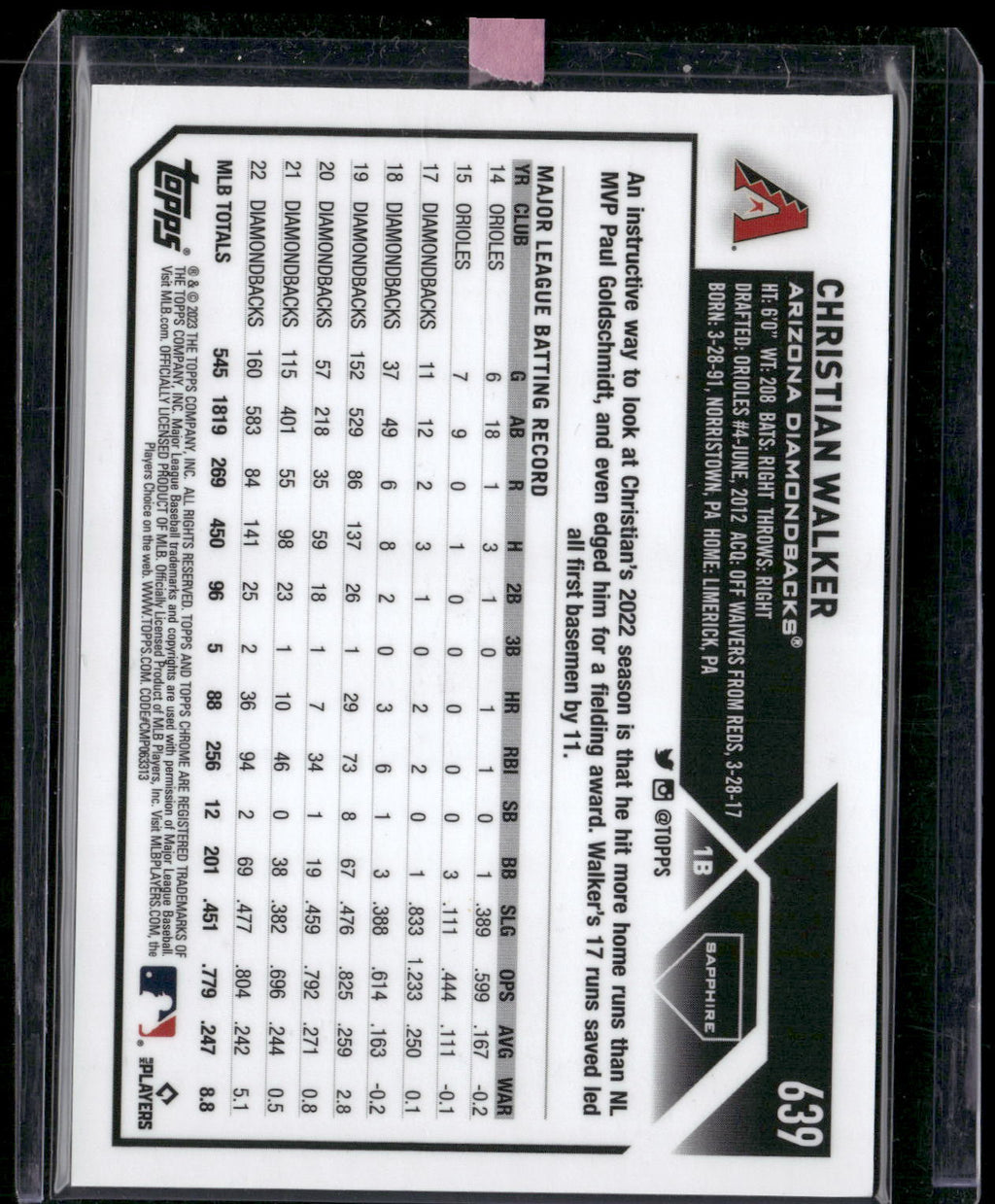 2023 Topps Chrome Sapphire Edition #639 Christian Walker Gold #/50