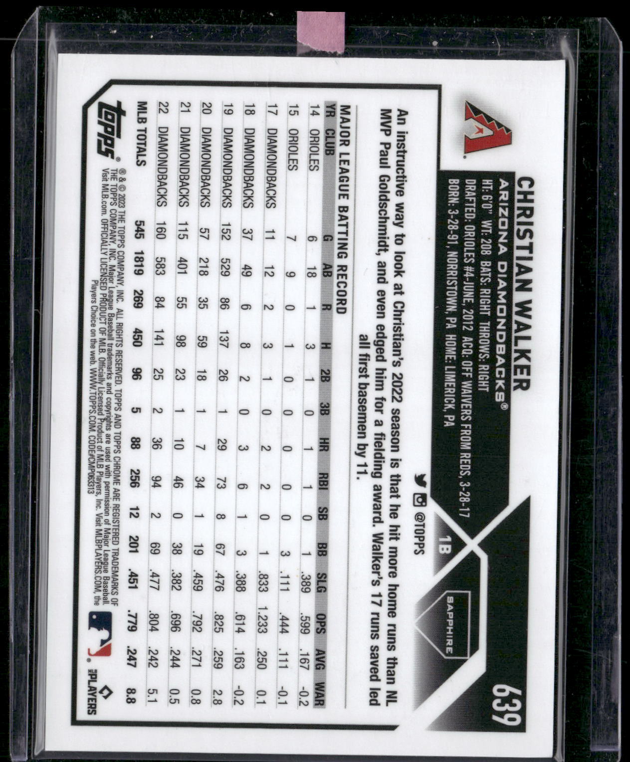 2023 Topps Chrome Sapphire Edition #639 Christian Walker Gold #/50