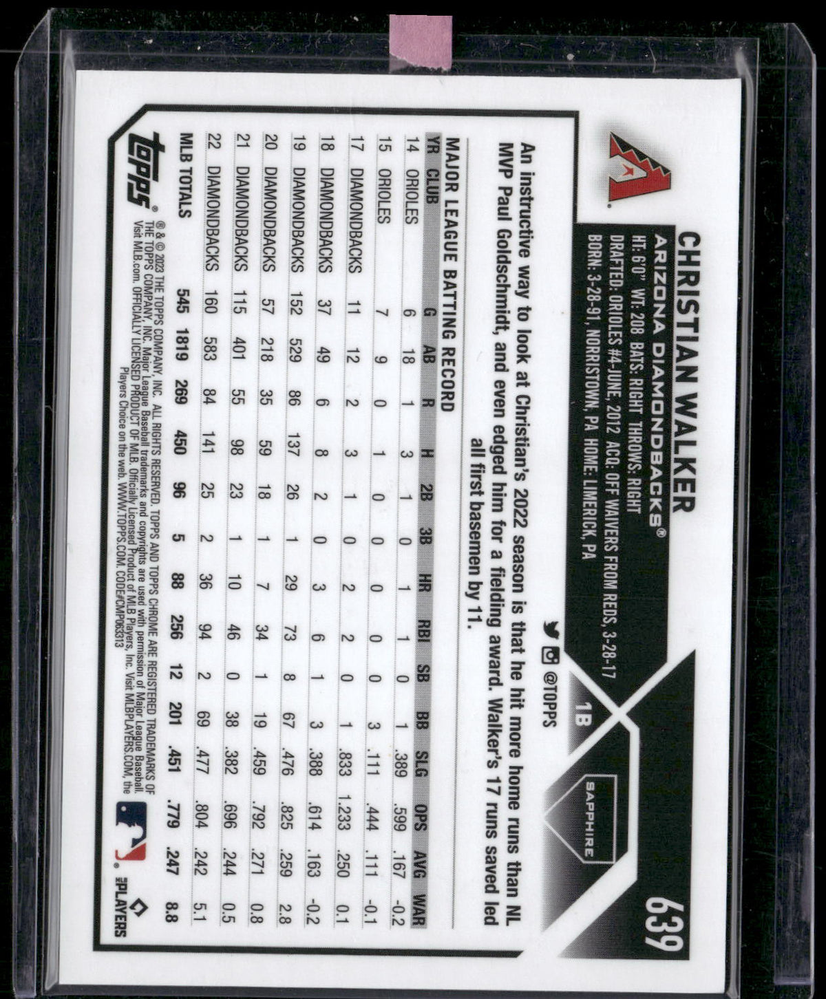 2023 Topps Chrome Sapphire Edition #639 Christian Walker Gold #/50