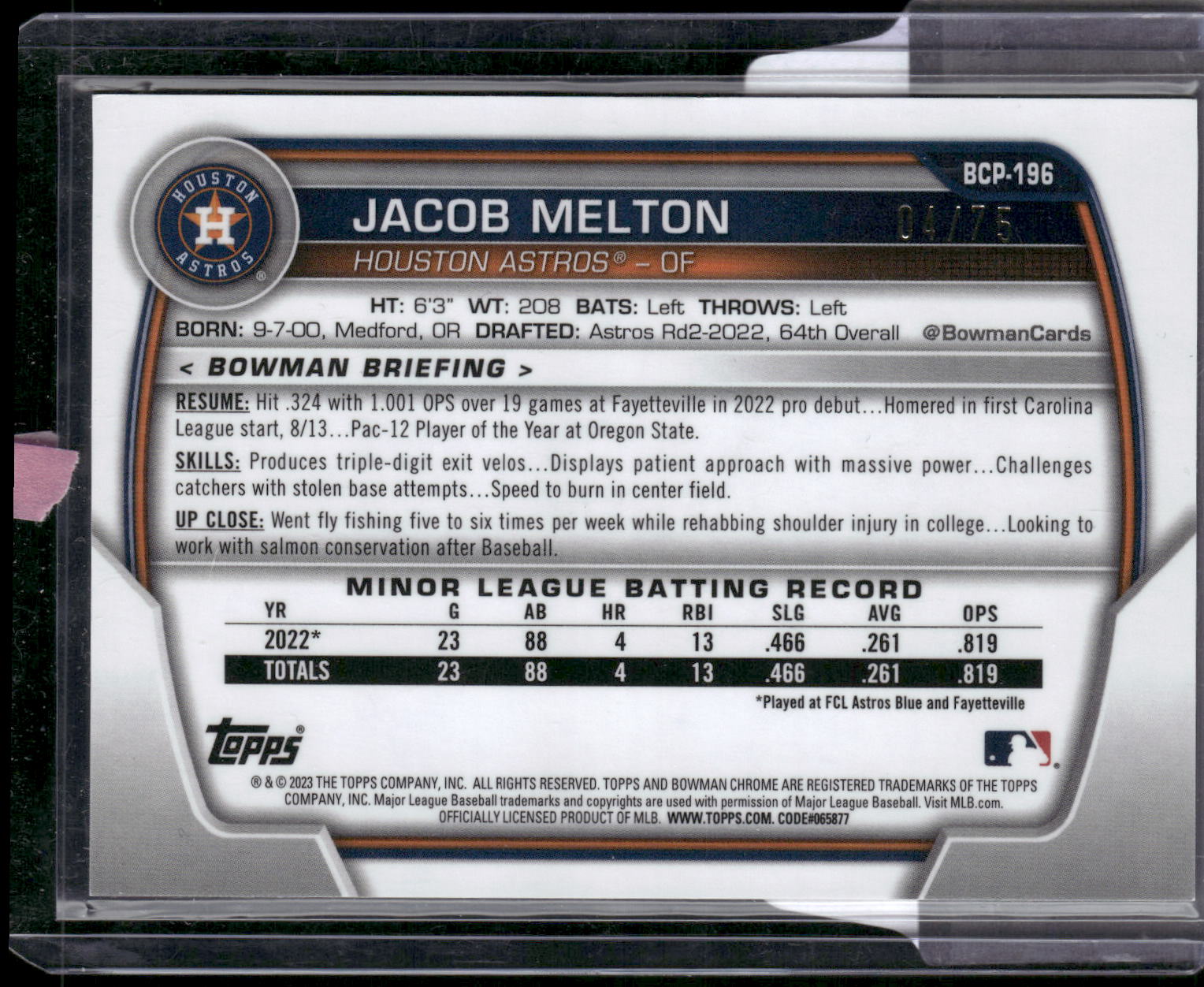 2023 Bowman Chrome #BCP-196 Jacob Melton Prospect YellowOrange Wave #/75