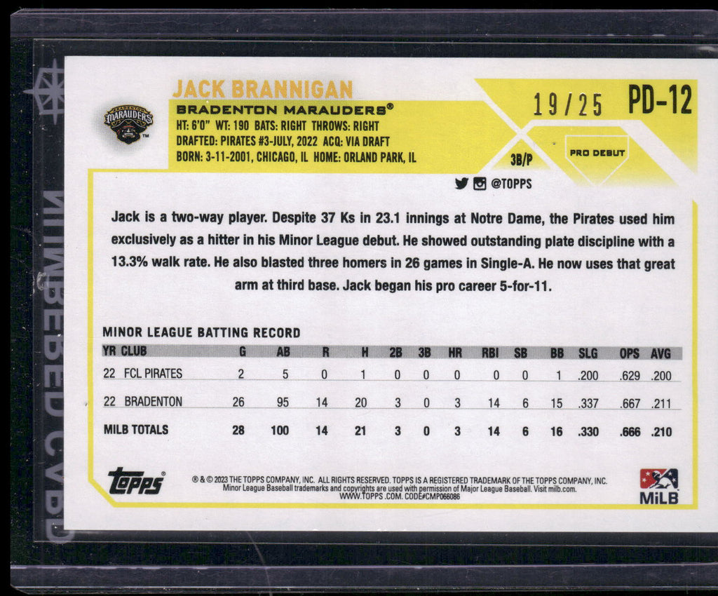 2023 Topps Pro Debut #PD-12 Jack Brannigan Orange #/25