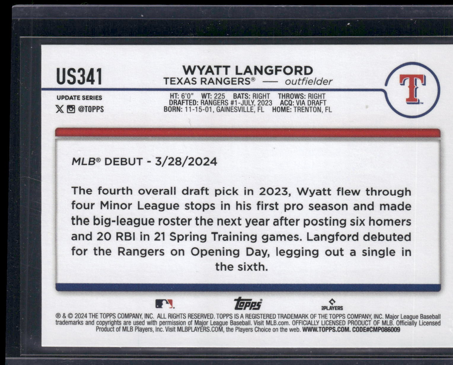 2024 Topps Update #US341 Wyatt Langford Yellow