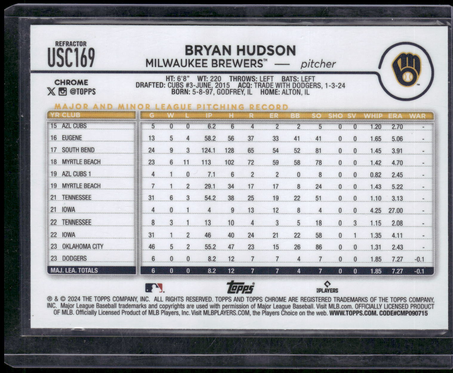 2024 Topps Chrome Update #USC169 Bryan Hudson Refractors