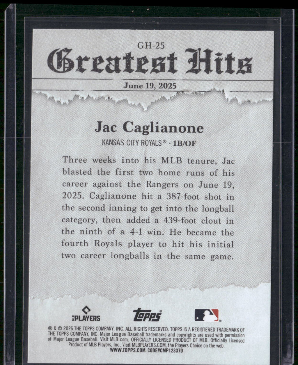 2026 Topps #GH-25 Jac Caglianone 2025 Greatest Hits