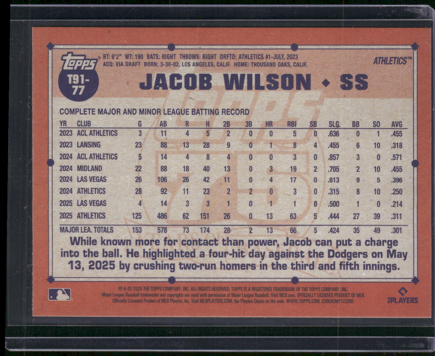 2026 Topps #T91-77 Jacob Wilson 1991 Topps Baseball 35th Anniversary