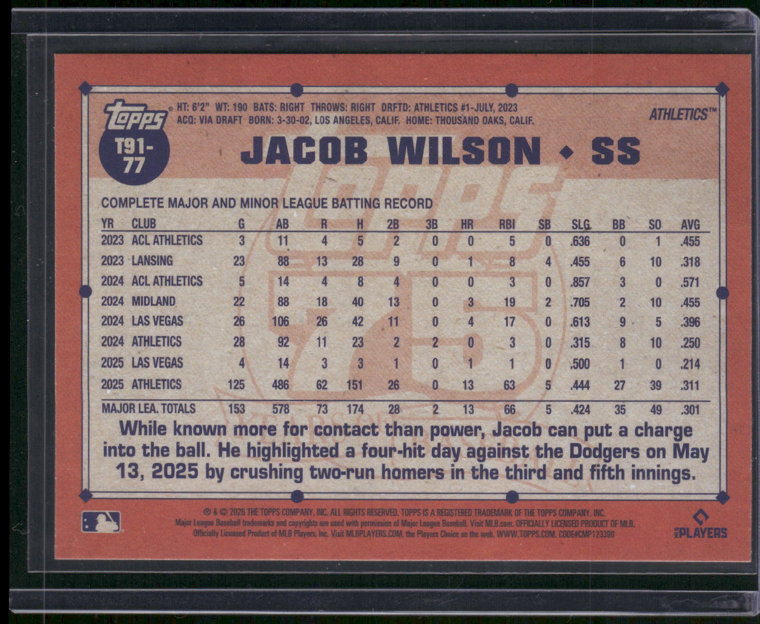2026 Topps #T91-77 Jacob Wilson 1991 Topps Baseball 35th Anni Crackle Foil