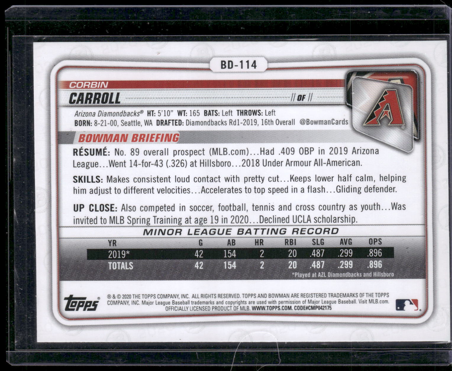 2020 Bowman Draft #BD-114 Corbin Carroll