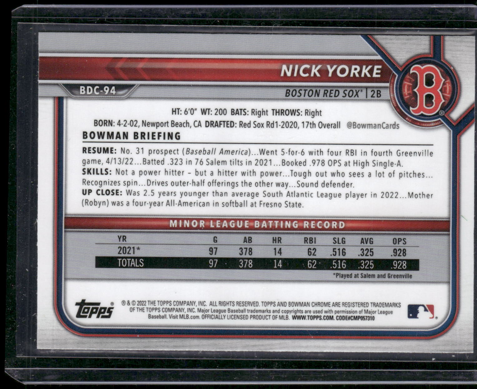 2022 Bowman Draft #BDC-94 Nick Yorke Chrome Black & White RayWave Refractor